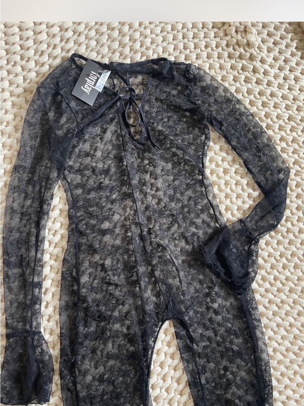 Forplay Black Sheer Lace Tie-Front Bodysuit